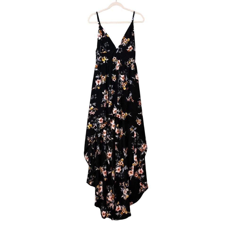 Privy Black Floral Hi Low Maxi Dress Boho Spaghetti Strap Medium